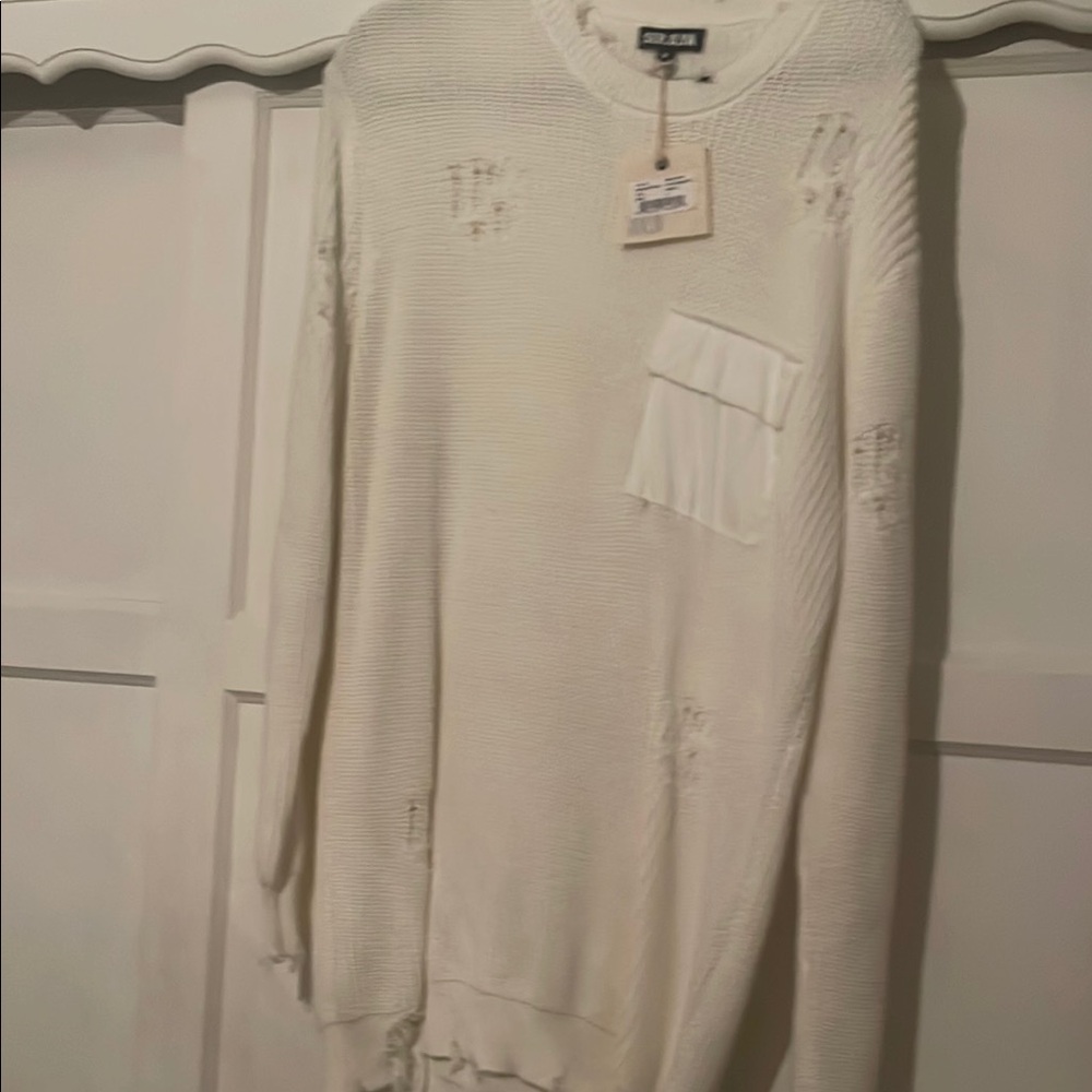 Distressed Cream Sweater with Pocket